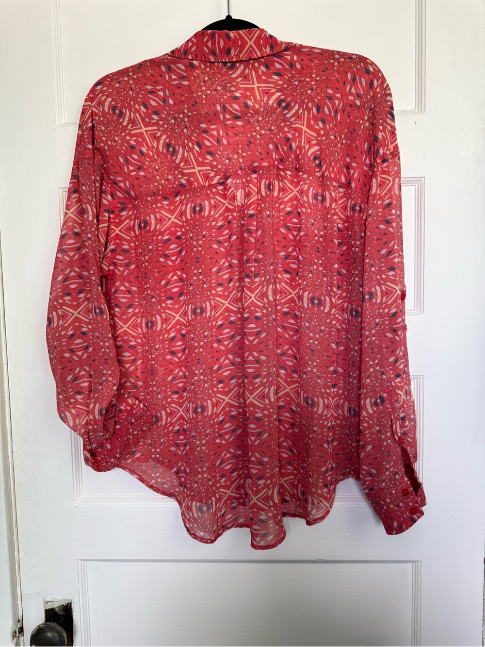 Free People Easy Rider Sheer Chiffon Coral Geometric Print Button-Down Shirt M - Picture 9 of 13